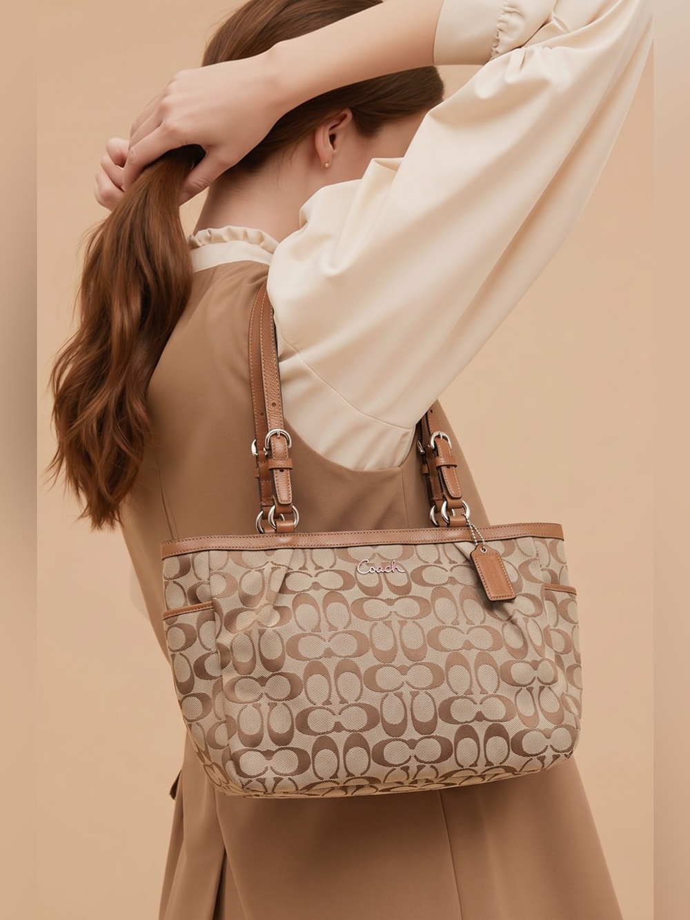 Coach Tan and Brown Signature Shoulder Bag